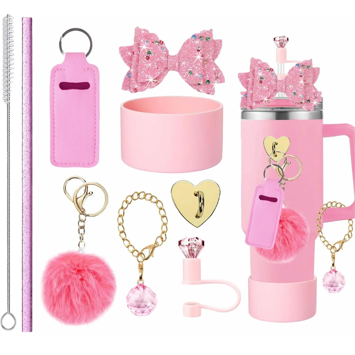 For Stanley Tumbler Accessory Pack Decorative Straw Topper Lipstick Sleeve Fluffy Pom-Pom Keychain Crystal Straws Ins S