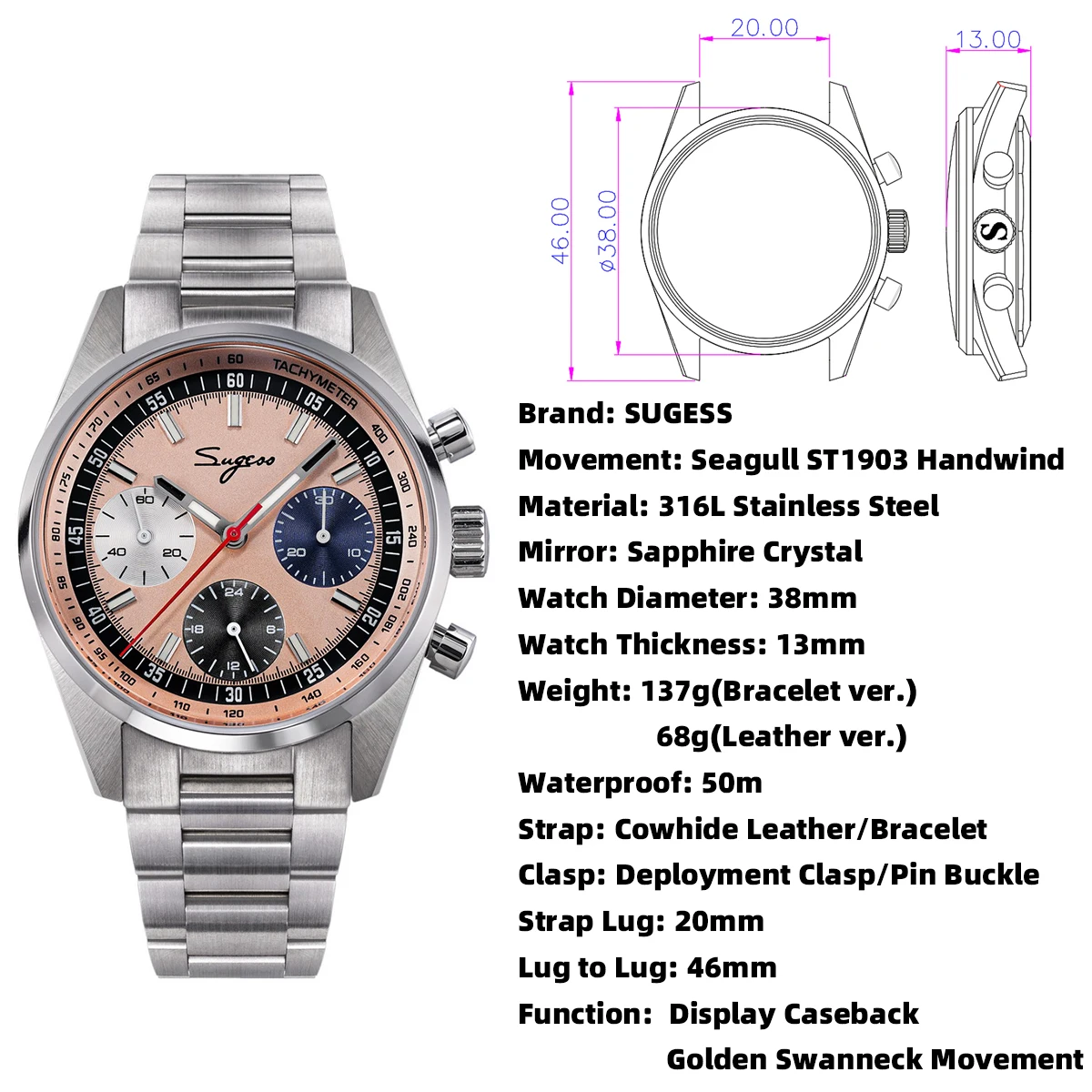 Sugess Mens Watch 38mm Chronograph Mechanical Wristwatches Tianjin