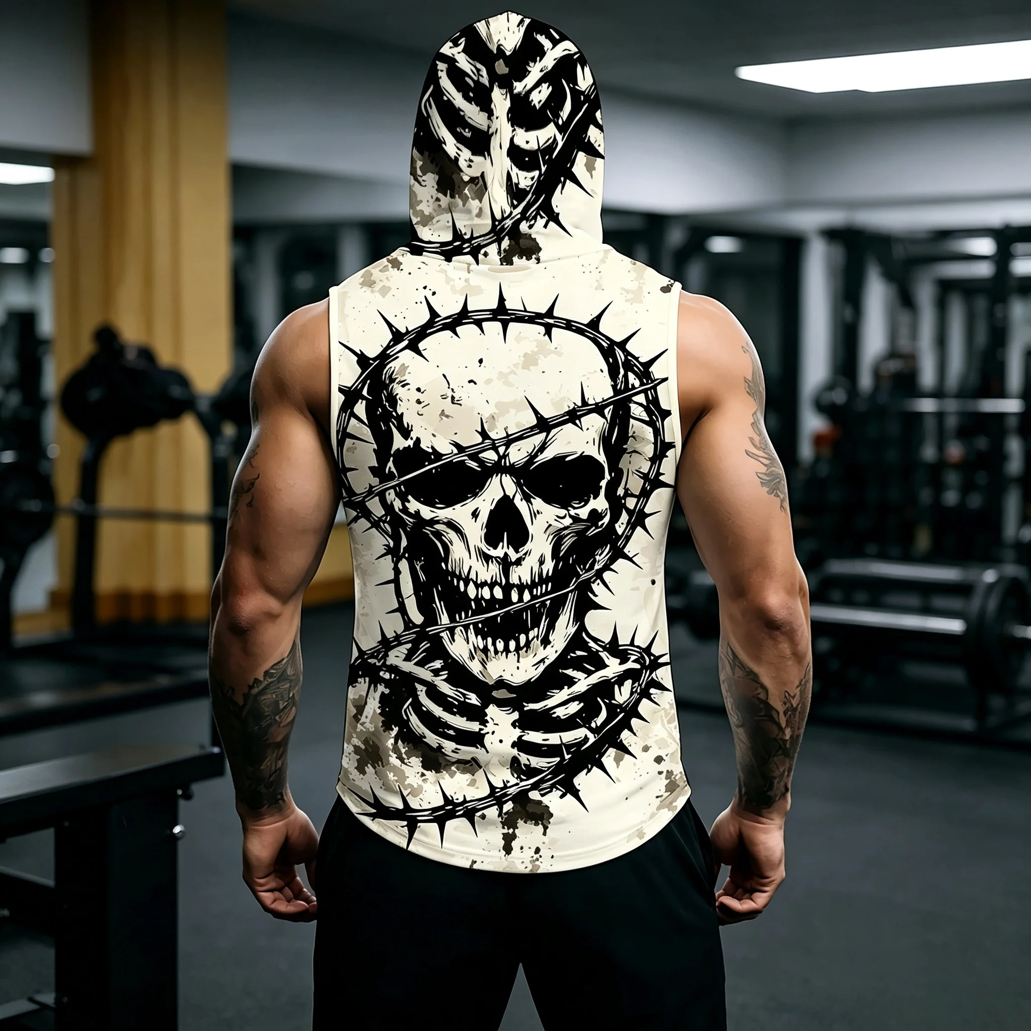 Men's Sleeveless Hooded Tank Top Skull Barbed Wire Print Gym Workout Hoodie Vest Athletic Bodybuilding Muscle Tank Shirt
