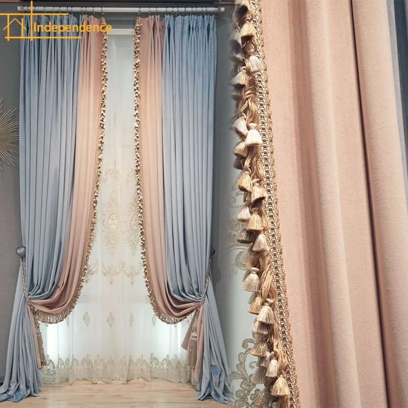 

Princess Style Pink Blue Velvet Lace Splicing Blackout Curtains for Living Room Bedroom Partition Curtain Balcony Villa