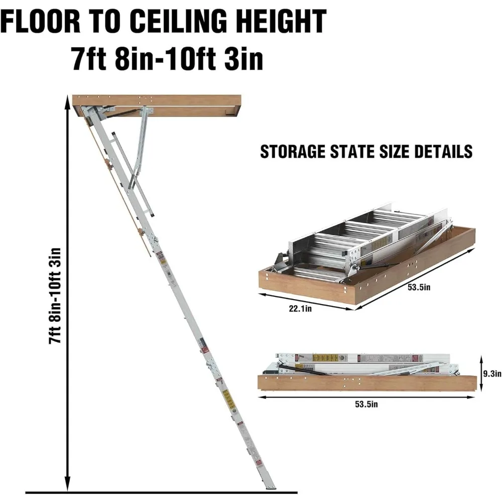 سلم ألومنيوم عالي 10 أقدام مع سجادات مضادة للانزلاق، 54 فتحة عالية × 22.5، نظام سحب للأسفل، سعة 350 رطلاً، تيار متردد عالي التحمل #2
