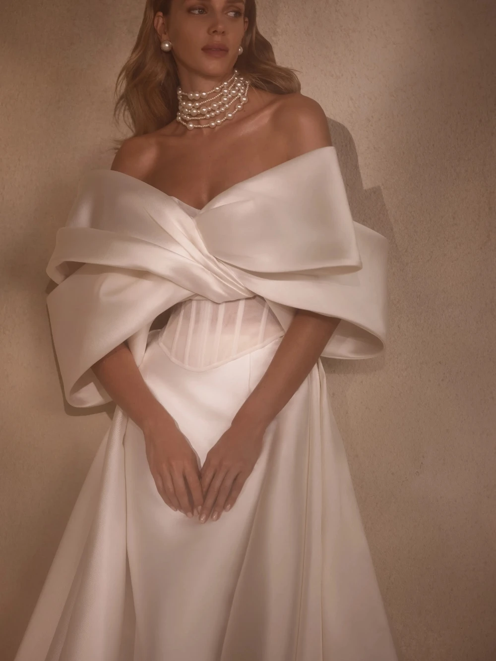 Off Shoulder Flowing Satin Wedding Dress With Dramatic Sleeves & Train Elegant Lace Up Back 2 in 1 Stylish Classic Bridal Gown