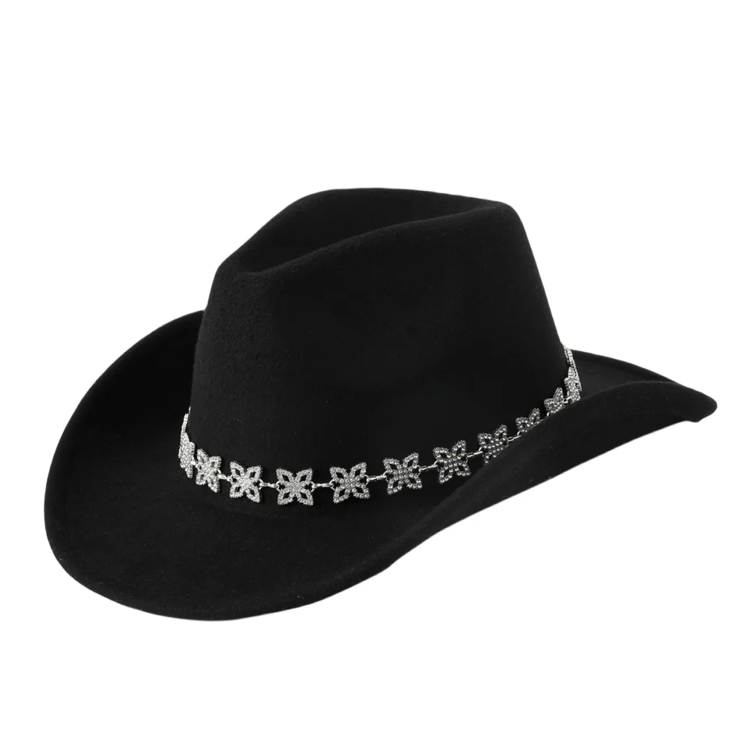 Rhinestone chain jazz hats for men and women, sun-shading western cowboy hats for summer outdoor travel, fashionable jazz hats