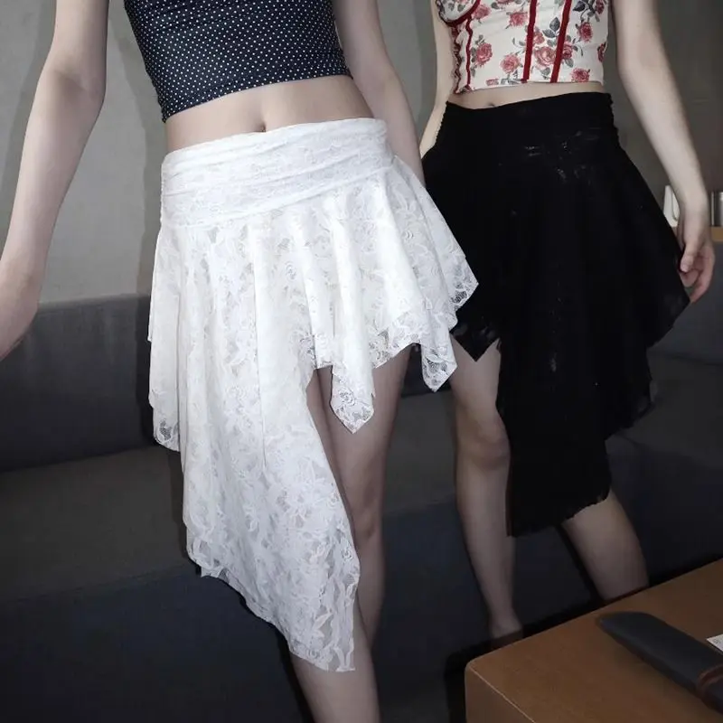 Gothic Grunge Irregular Layering Lace Mini Skirt Women Y2k Asymmetrical Ruffle Skirt Harajuku Design Streetwear Pleated Skirts