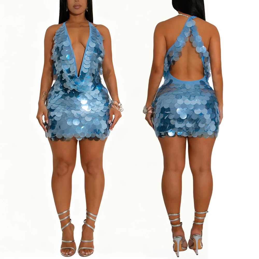 ชุดเดรสหรูหรา คอวีลึก แขนกุด สายผูกคอ เปิดหลัง ประดับเลื่อม ผูกโบว์ด้วยตัวเอง ผ้าตาข่าย ชุดมินิเดรส สำหรับงานพรอม งานวันเกิด งานเลี้ยงกลางคืน งานปาร์ตี้