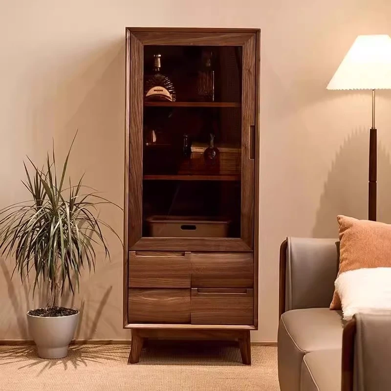 Szafka na wino z litego drewna orzecha czarnego, nowoczesna, prosta szafka ścienna, szafka do przechowywania, szafka z szklanymi drzwiami