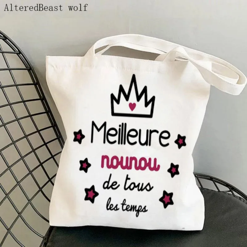 Women Shopper bag ide ecadeau jesuis une super nounou Printed Bag Harajuku Shopping Canvas Shopper Bag girl Tote Shoulder Bag