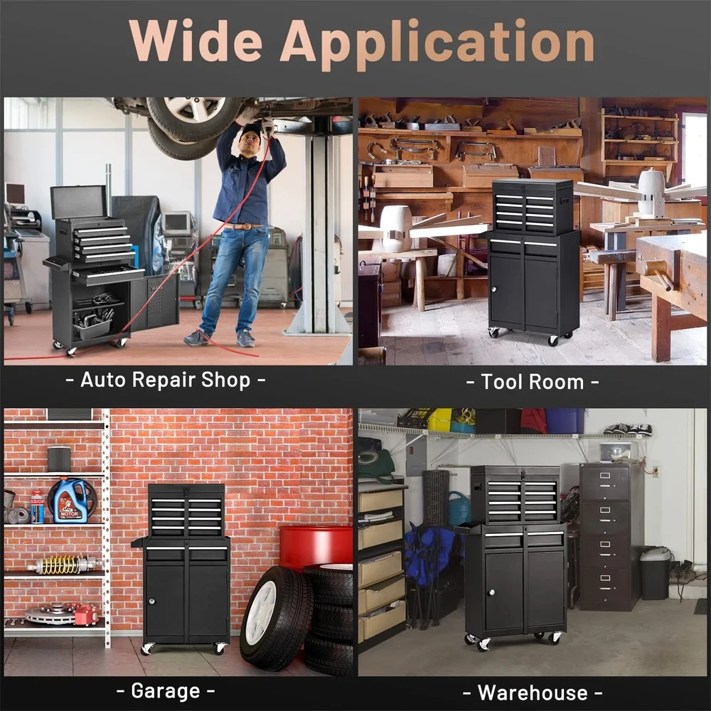 

2 in 1 Rolling Tool Chest Cabinet Heavy Duty Steel Tool Box Organizer with 5 Drawers Locking System Wheels Garage Storage