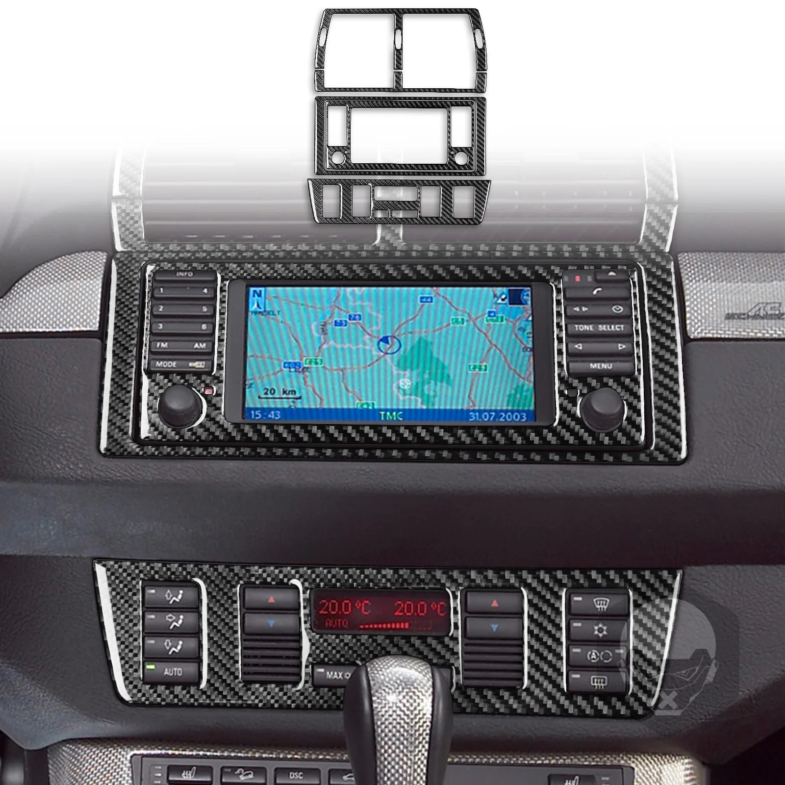 

Для BMW X5 E53 2000-2006: Декоративные накладки из настоящего карбона на центральную консоль, воздуховоды и кнопки радио