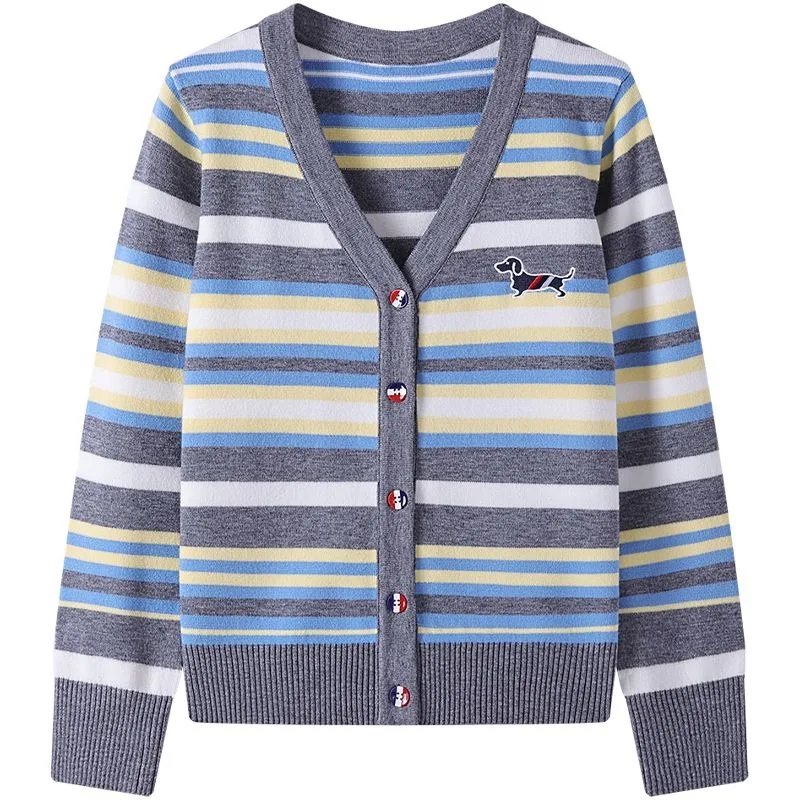 

Fashionable Color-blocked Embroidery Striped Women's Sweater, Commuting Cardigan, Casual Slim-fitting Girls' Knitted Shirt