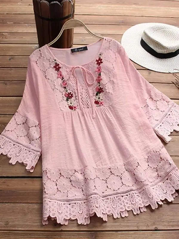

New 2026 Summer Cotton Linen Lace Trim Loose V-Neck Women's Top Splicing Elegant Quality Polyester Printed Casual Shirt