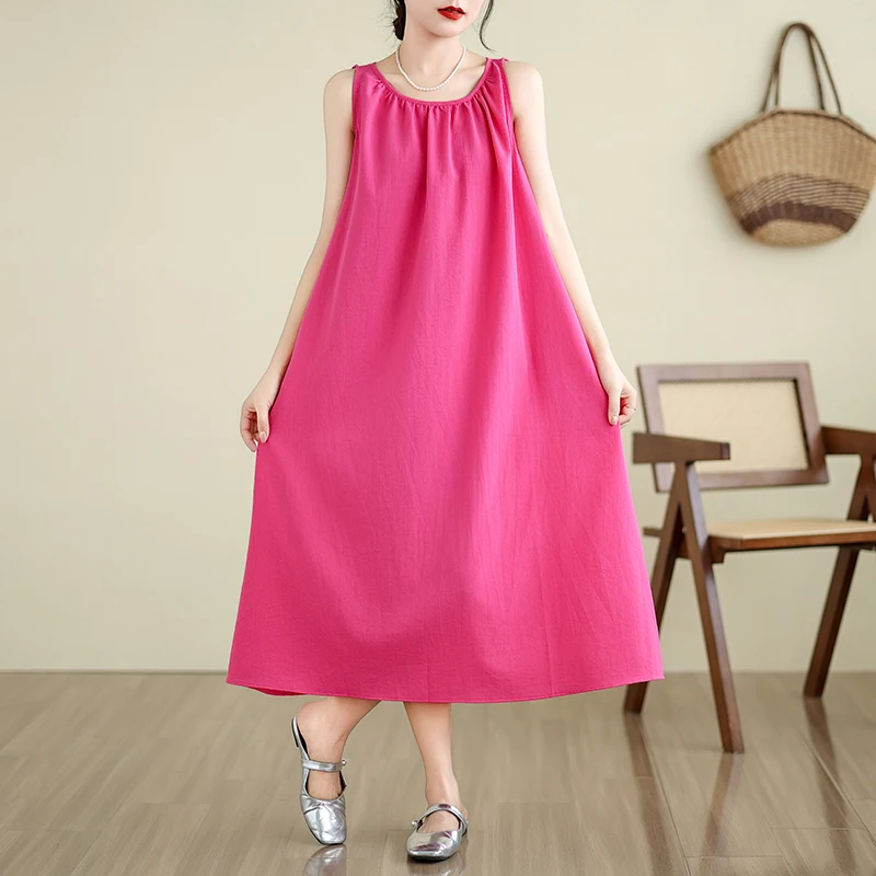 Women Tank Dresses Summer Female O Neck Sleeveless Halter Dress Large Size M-4XL Elegant A Line Pink Loose Beach Holiday Vestido