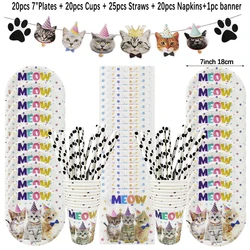 Cute Cat Disposable Tableware Set Cartoon Cat Paper Cup Plates Banner Straws Cupcake Topper for Diy Bithday Party Decorations