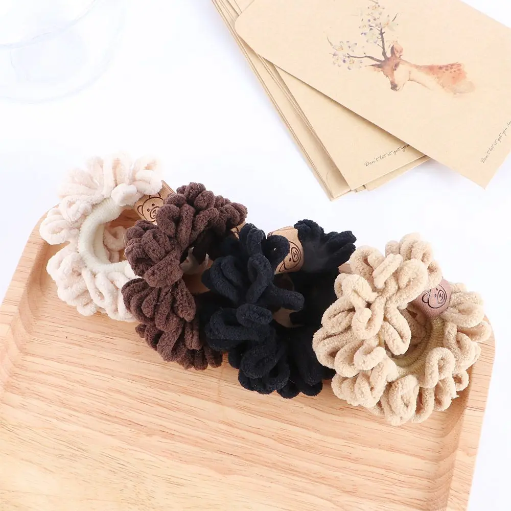 Girls Elastic Headwear Solid Color Cartoon Bear Women Hair Ties Fluffy Velvet Scrunchies Korean Style Hair Rope Rubber Bands