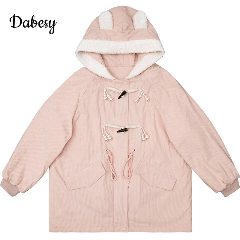 Japanese Harajuku Kawaii Pink Rabbit Corduroy Hooded Parkas Women Casual Loose Warm Fleece Jacket Winter Padded Overcoat Female