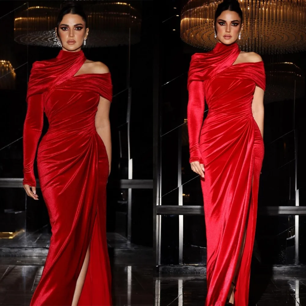 

Customized Formal Red Velour Evening Dress High Collar Long Sleeves Homecoming Dresses Temperament Special Occasion Gowns