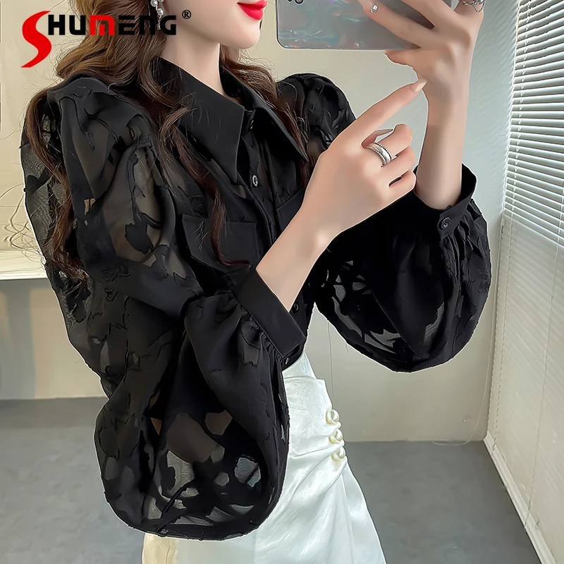 

Graceful Fashion French Minority High-Grade Blusas 2023 Autumn Chiffon Printed Black Shirt Puff Sleeve Womens Tops And Blouses