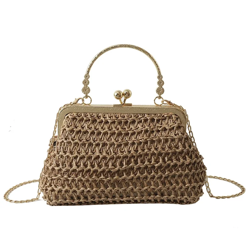 Torebki damskie 2023 Summer Beach Straw Bags Exquisite Gold Chain Party Banquet Purse Hand Woven Handbag Female Clutch Bag