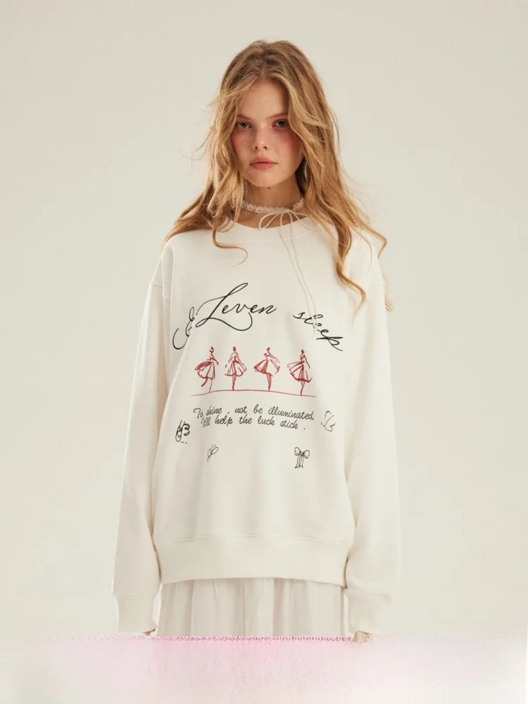 ELEVEN SP Sudadera con Capucha para Mujer, Estilo Ballet, Estampada y Bordada, Holgada, Manga Larga, Cuello Redondo, Cómoda, Mezcla de Algodón y Poliéster