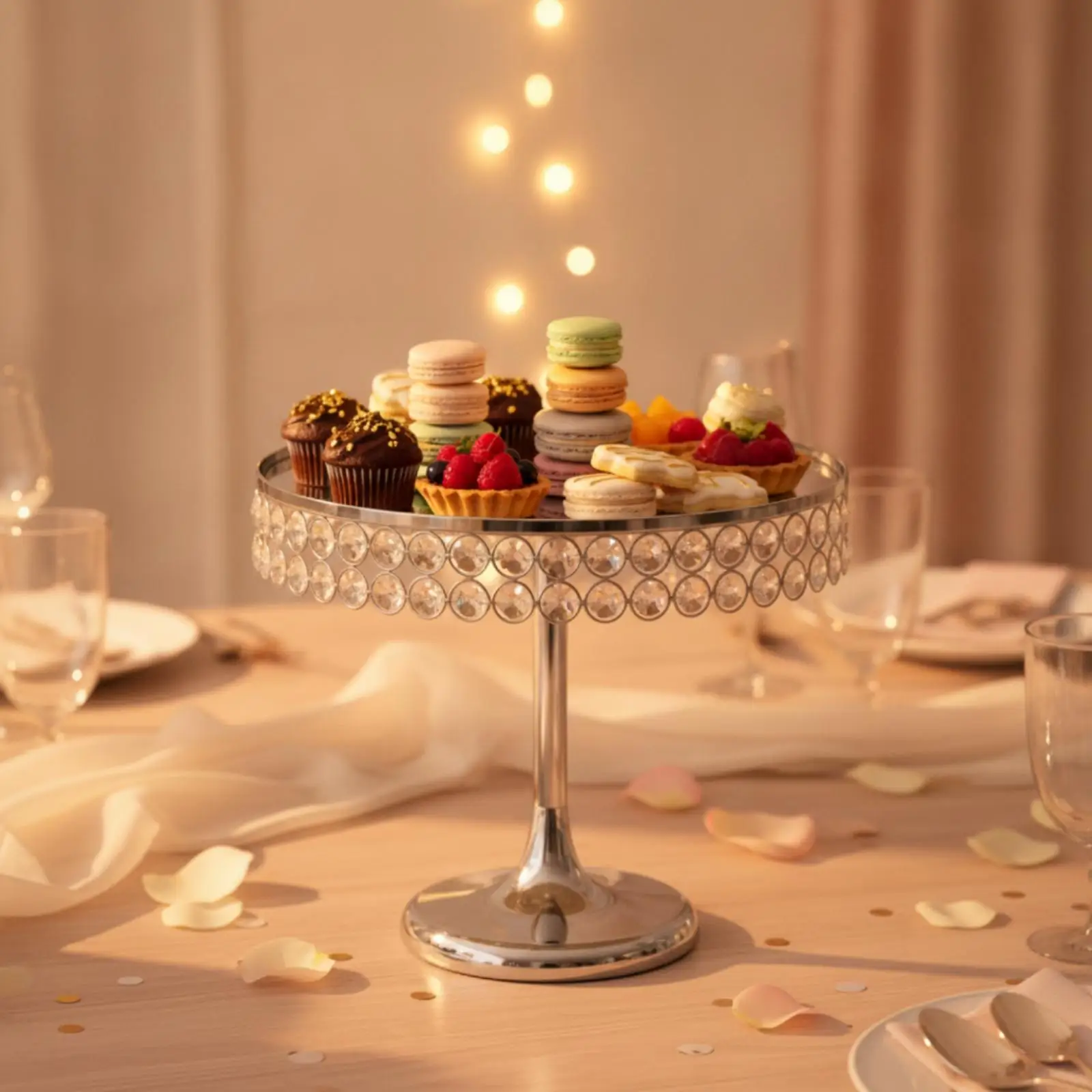 Shimmering Pedestal Cake Stand with Two-row Crystal Embellishments for Elegant Birthday and Tea Party Serving