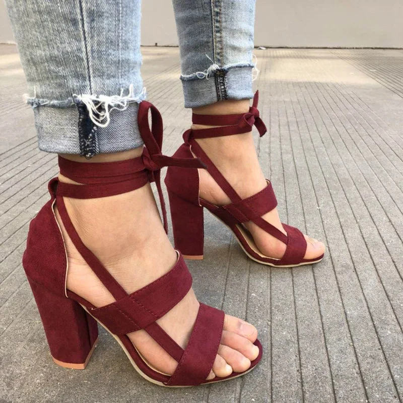 Europe Sexy High Heels Sandals Women 2024 Summer New Gladiator Lace-Up Flock Casual Shoes Woman Size 34-43 High Quality