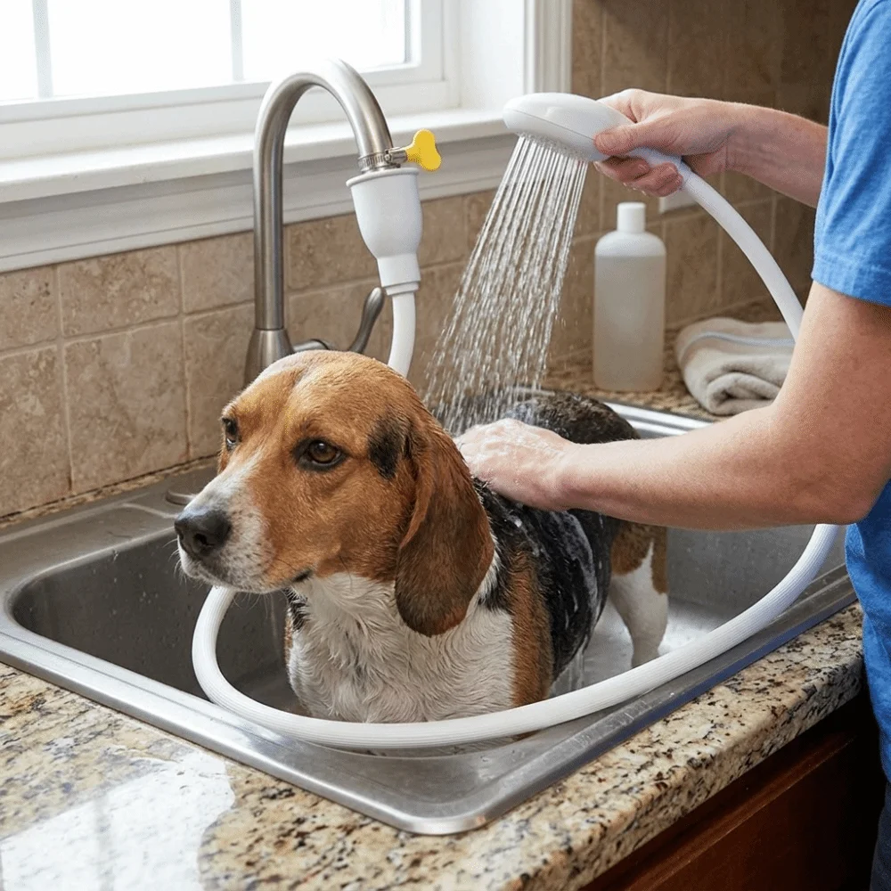 Solid Resin Build Body Pet Shower Sprayer Adjustable Water Flow Plug-in Mount Type Pet Bath Sprinkler Extended Hose Length