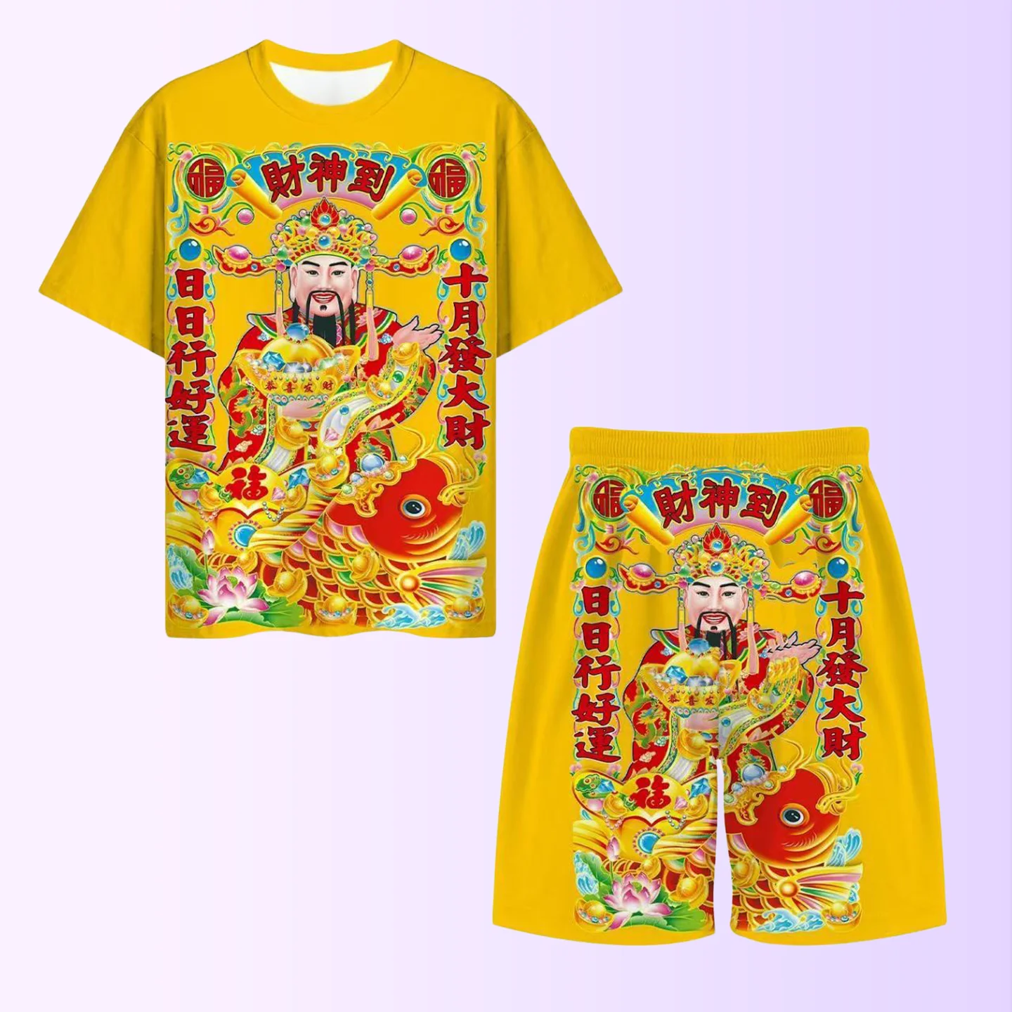 Abstract Short Sleeve Men's T-Shirt Set 2025 Spring Autumn New Style Wealth God Street Fashion Clothes Polyester Fiber