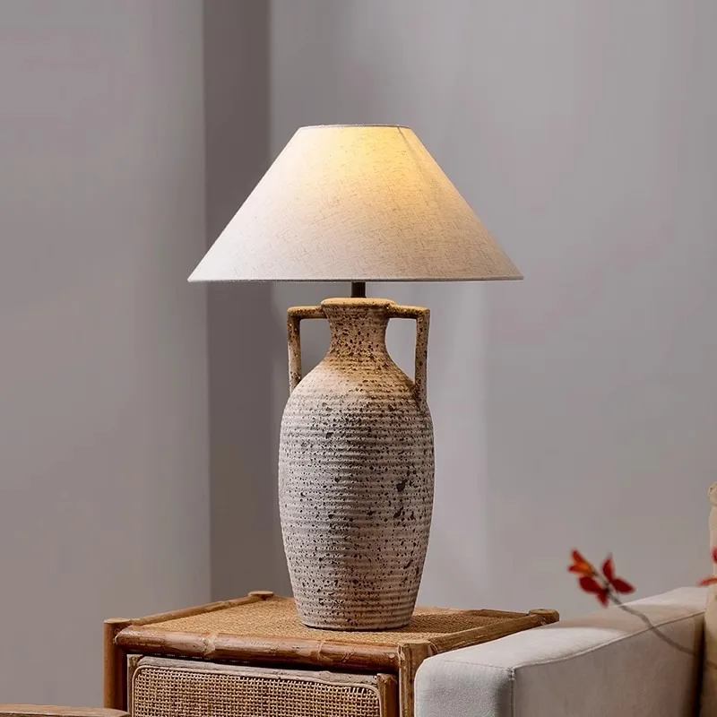 Wabi-sabi Classical Ceramic Table Lamp Clay Pot Retro Design Living Room Bedroom Bedside Lighting Project Hotel Decorative Light