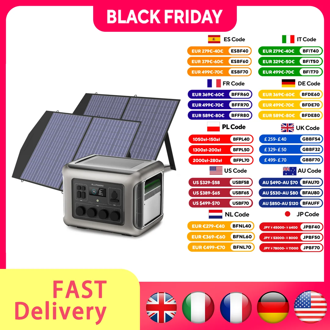 مولد الطاقة الشمسية ALLPOWERS R2500 بقدرة 2500 وات (4000 وات الذروة)، محطة طاقة محمولة LiFePO4 بقدرة 2016 وات في الساعة مع لوحة شمسية 4 منافذ تيار متردد للمنزل