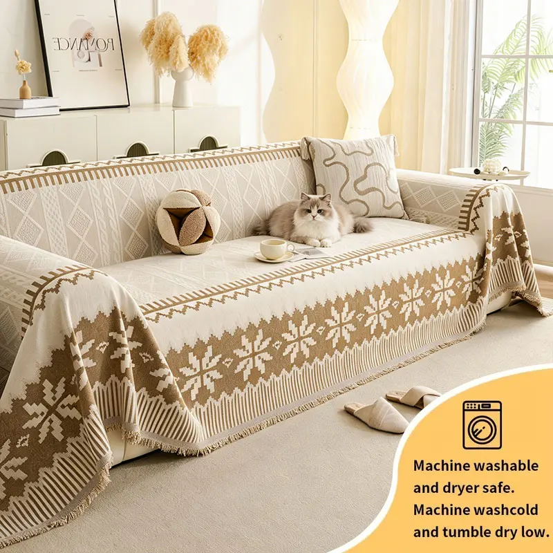 

1PC-Snowflake geometric design sofa towel, pet friendly scratch and dust resistant sofa towel, tassel design