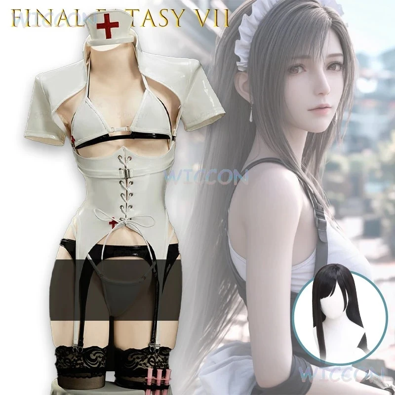 ❤️❤️❤️White Nurse Uniform Cosplay Fina lFa ntsy VII Tifa Costume   Game Accurate Outfit Full Set with Wig Women Halloween ❤️⭐️❤️