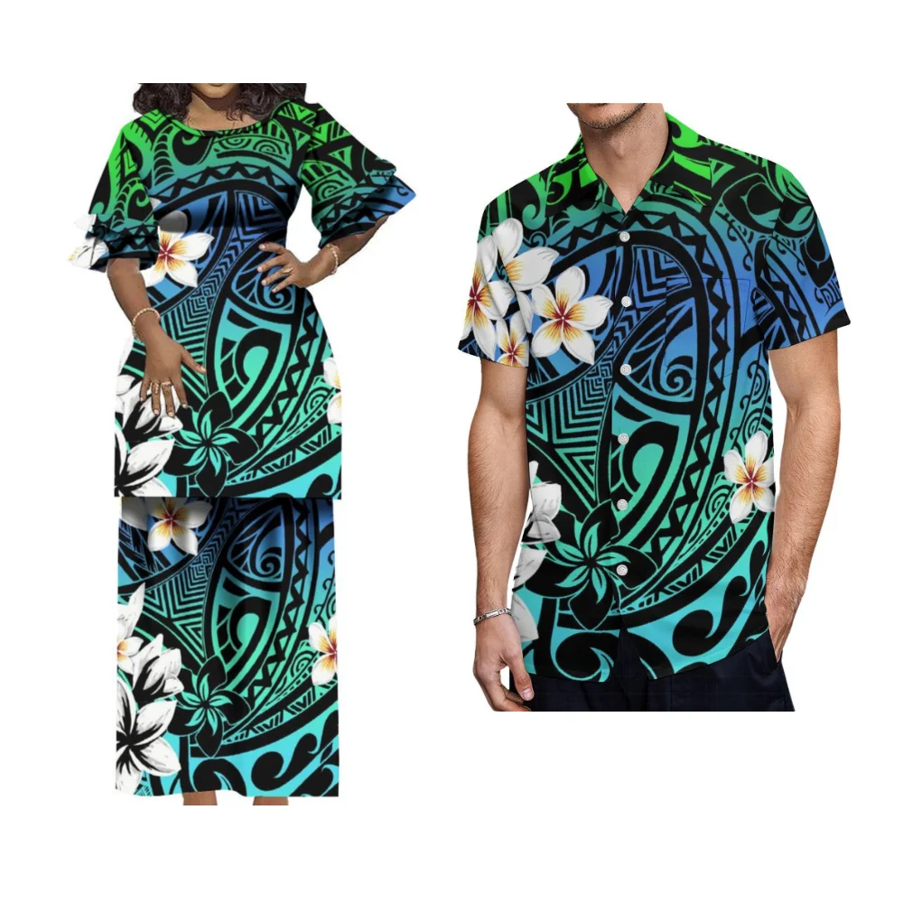 Samoan Tribal Floral Print donne polinesiane Puletasi Casual vestito allentato gonna camicia formale hawaiana da uomo abbigliamento coppia personalizzata