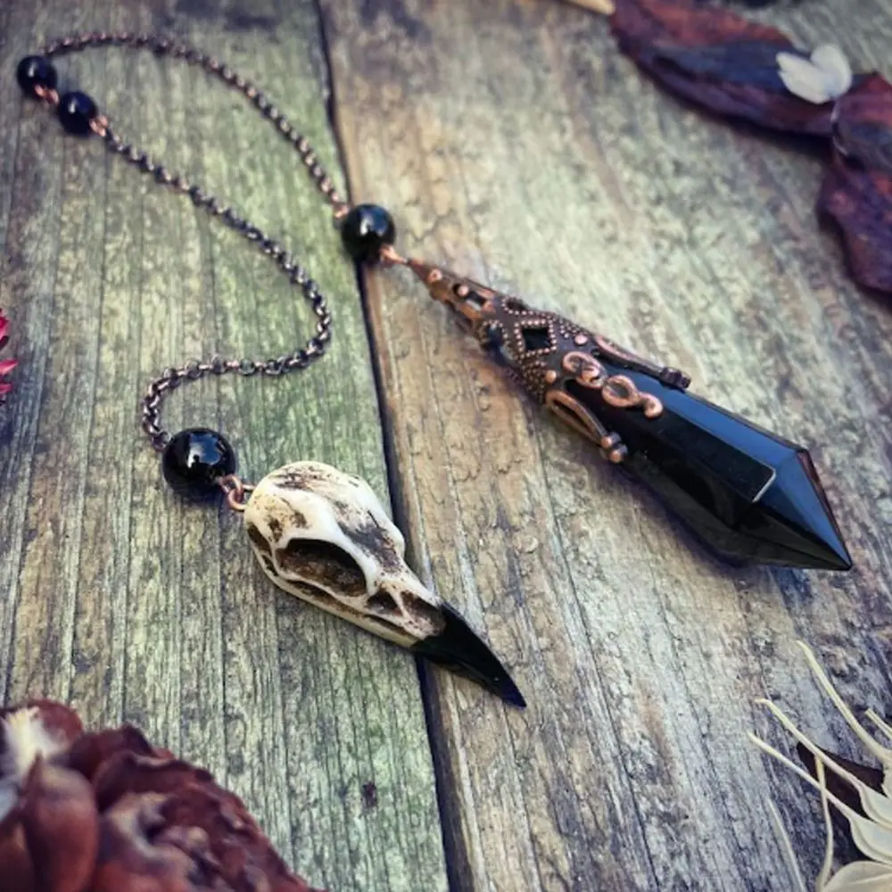 2024 New Natural Stone Black Obsidian Crystal Pendulum for Divination Dowsing Vintage Reiki Raven Skull Chain Spiritual Pendulos