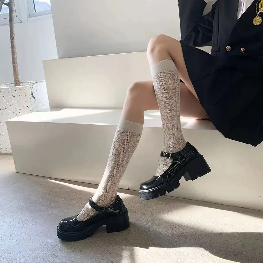 Women's Summer Spring Cotton Socks Black Jk Bow Sweet Mid-leg Calf Socks Sweet Style Girls Gift Thin White Lolita Lace Stocking