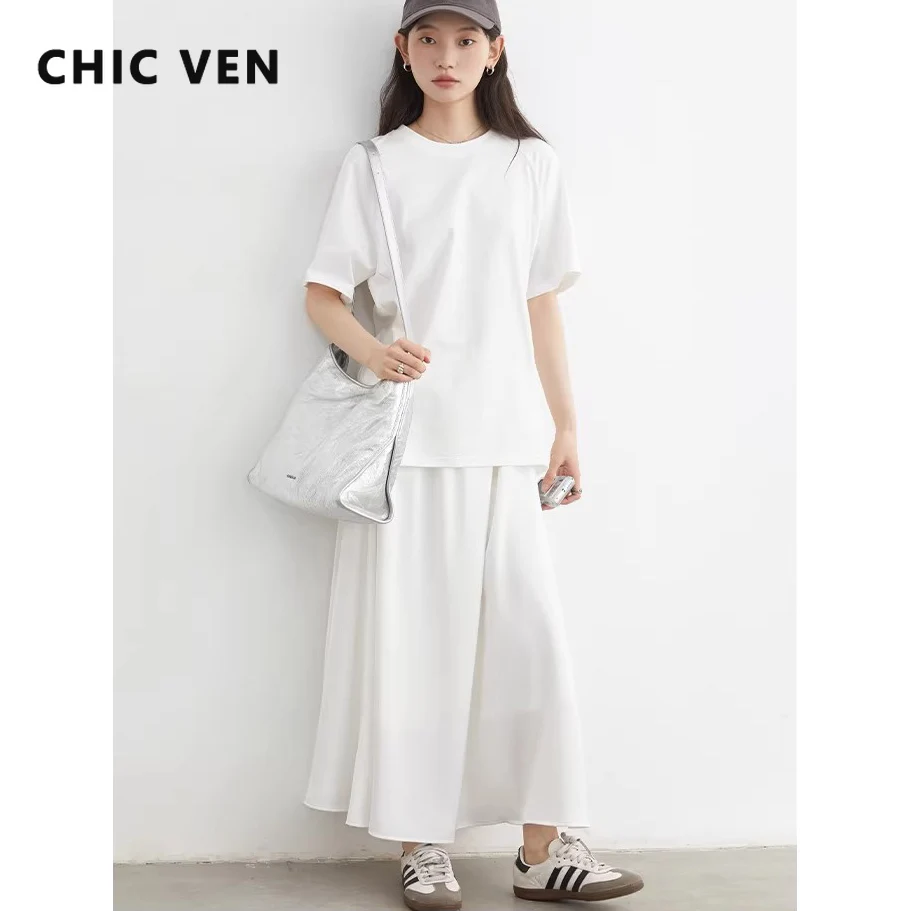 

CHIC VEN Women Dresses Korean Design O-neck Casual Loose Solid Spliced Short Sleeve Long Dress Girl Clothing Summer New 2026