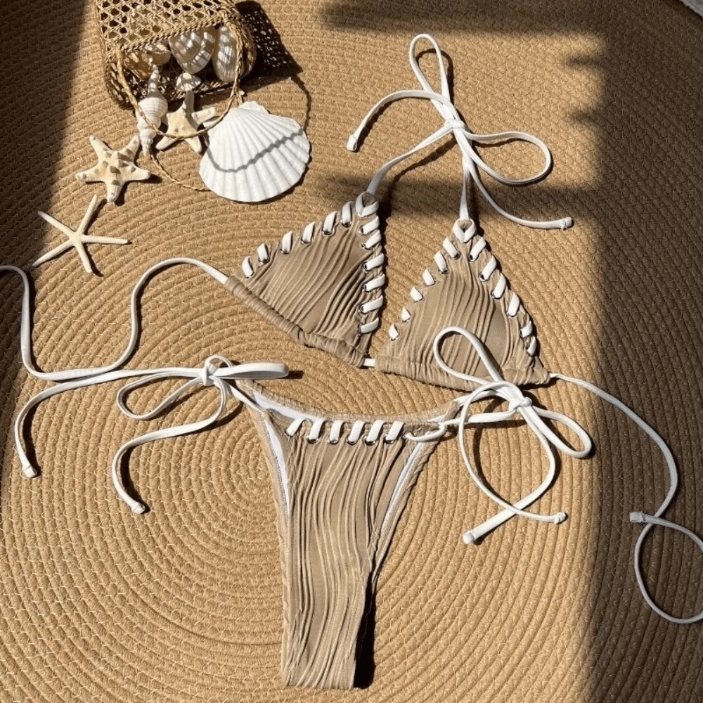 

Fashion Rope String Bikini Suit Ruffled Lace Up Swimwear Set Slim Fit Halter Neck Sling Swimsuit Beach