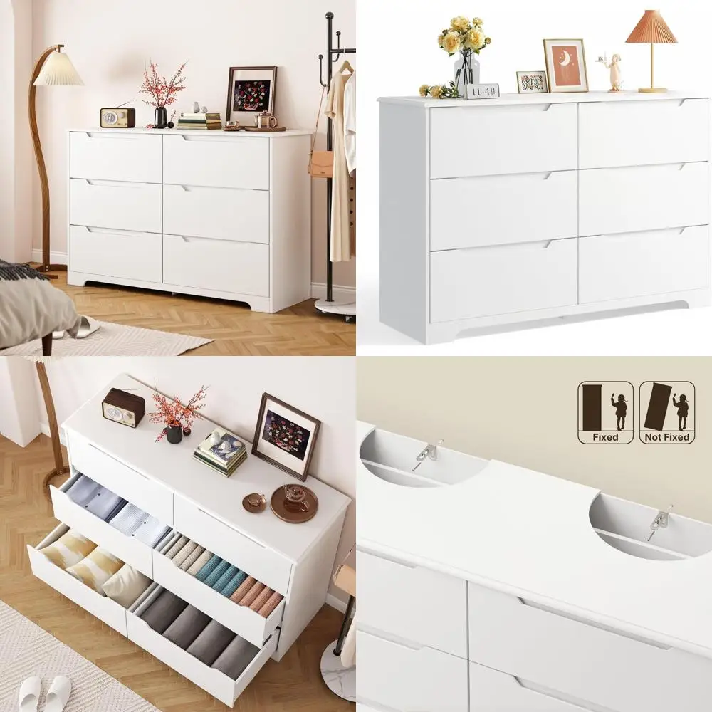 

6 Drawer Double Dresser with Anti-Tip, Wide Wood Chest, Cut-Out Handle Drawers, Closet Organizer, TV Stand for Living/Hallway Sp