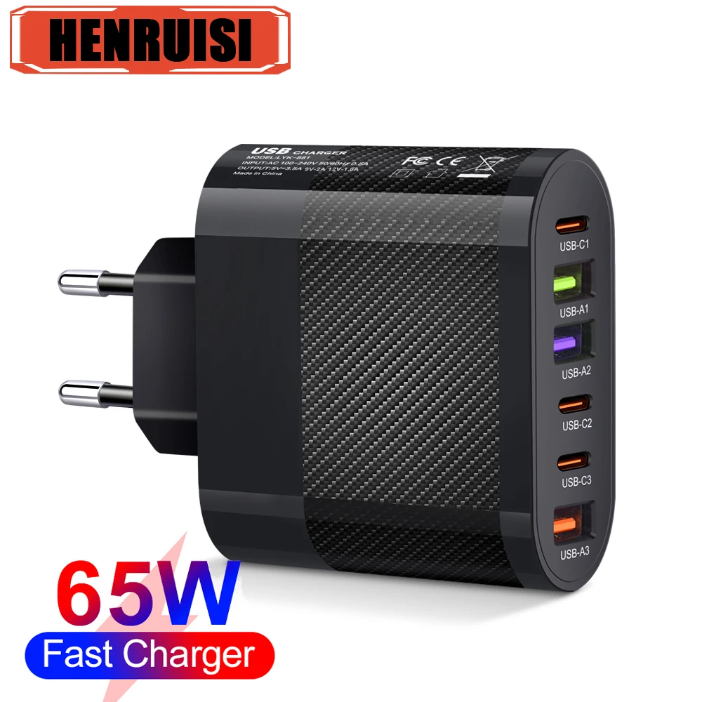 6 Ports Total 65W USB C PD Charger Quick Charge 3.0 Fast Charging Type C USB Phone Charger Adapter For iPhone 15 Samsung Xiaomi