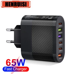 6 Ports Total 65W USB C PD Charger Quick Charge 3.0 Fast Charging Type C USB Phone Charger Adapter For iPhone 15 Samsung Xiaomi