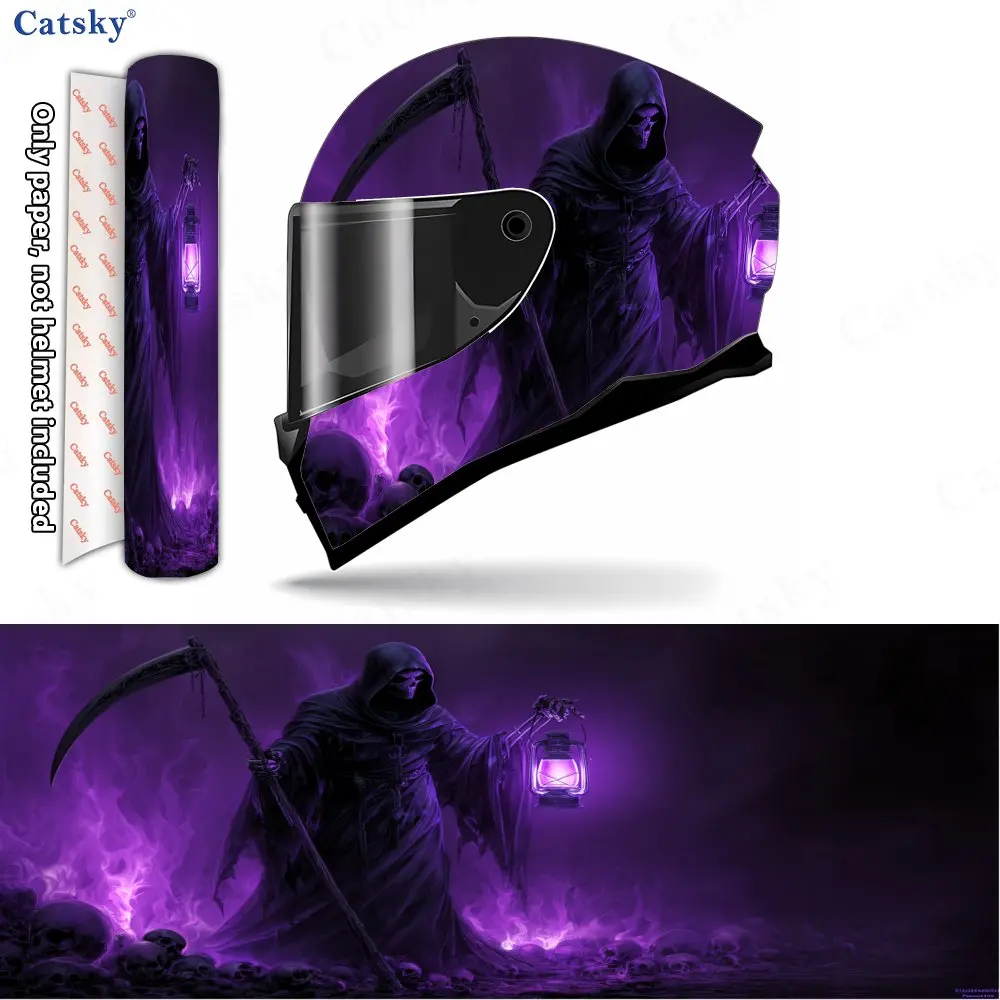 Purple-flamed Guiding Reaper Print Helmet stickers , PVC Material Multifunctional Helmet Stickers, Scratch-Resistant & Fade-Proo