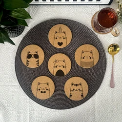 New 6pcs/Set Fashion Creative Engraved Lovely Cats Pattern Round Cork Coasters For Coffee Cups Mugs Drink Holder and Tableware