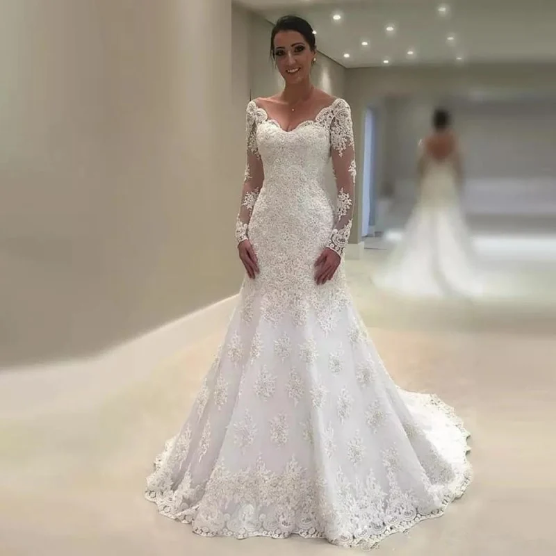 Gelinlik Meerjungfrau-Hochzeitskleid M06 mit langen Ärmeln für die Braut 2025, Vestido De Noiva, Sommer, Spitze, Perlen, Elfenbein, Brautkleider