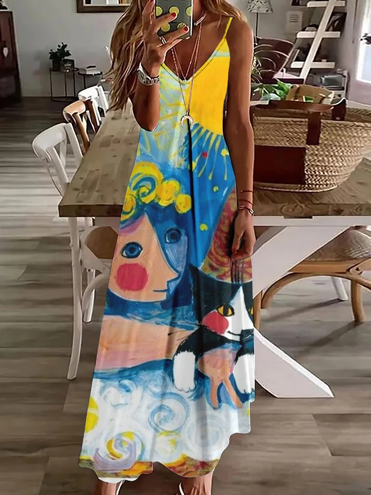 

Vintage Abstract Print Women's V-neck Long Dress Everyday Casual Sleeveless Dress Summer Fashion Party Women's Elegant Dress