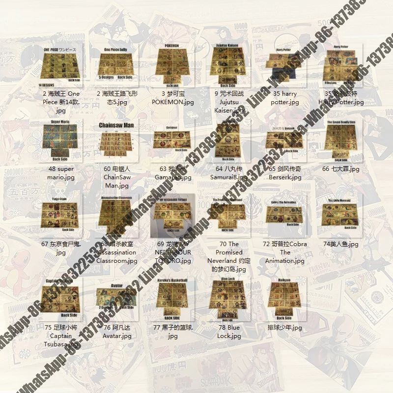 Kelin We have More than 1000 Designs Gold Foil Anime Manga Commemorative Banknotes Set Souvenir Collectible Gift for Fans