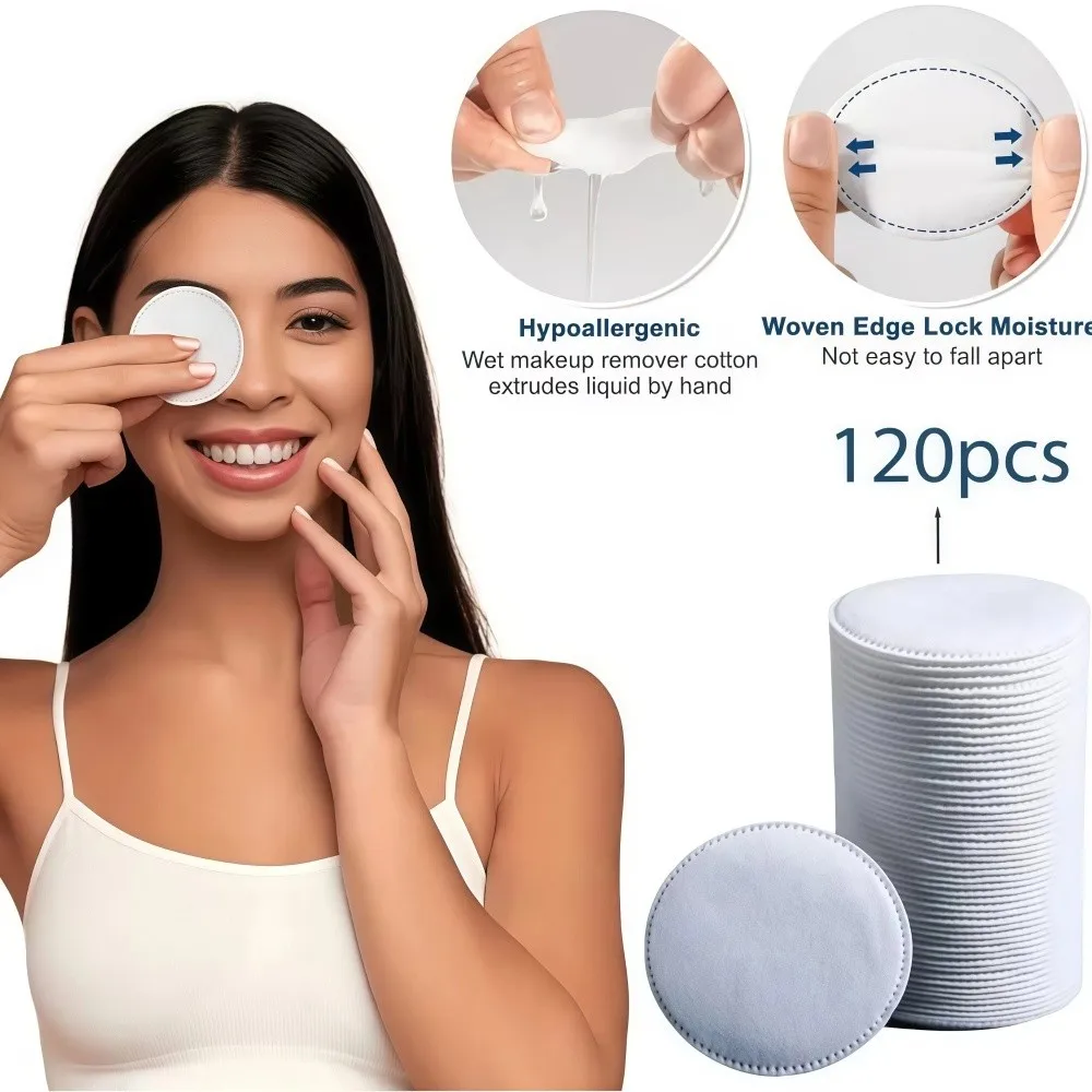 120pcs Round Disposable Makeup Remover Pads Three Floors Overlock Embossing Facial Cotton Wipes Soft Thick Dry Wet Use