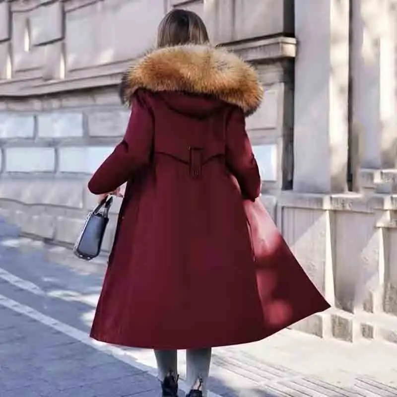 Winter New Knee-length Hooded Loose Slim Female Raccoon Fur Coat Lined with Detachable Fur Warm and Casual Coat Female 5XL Parka