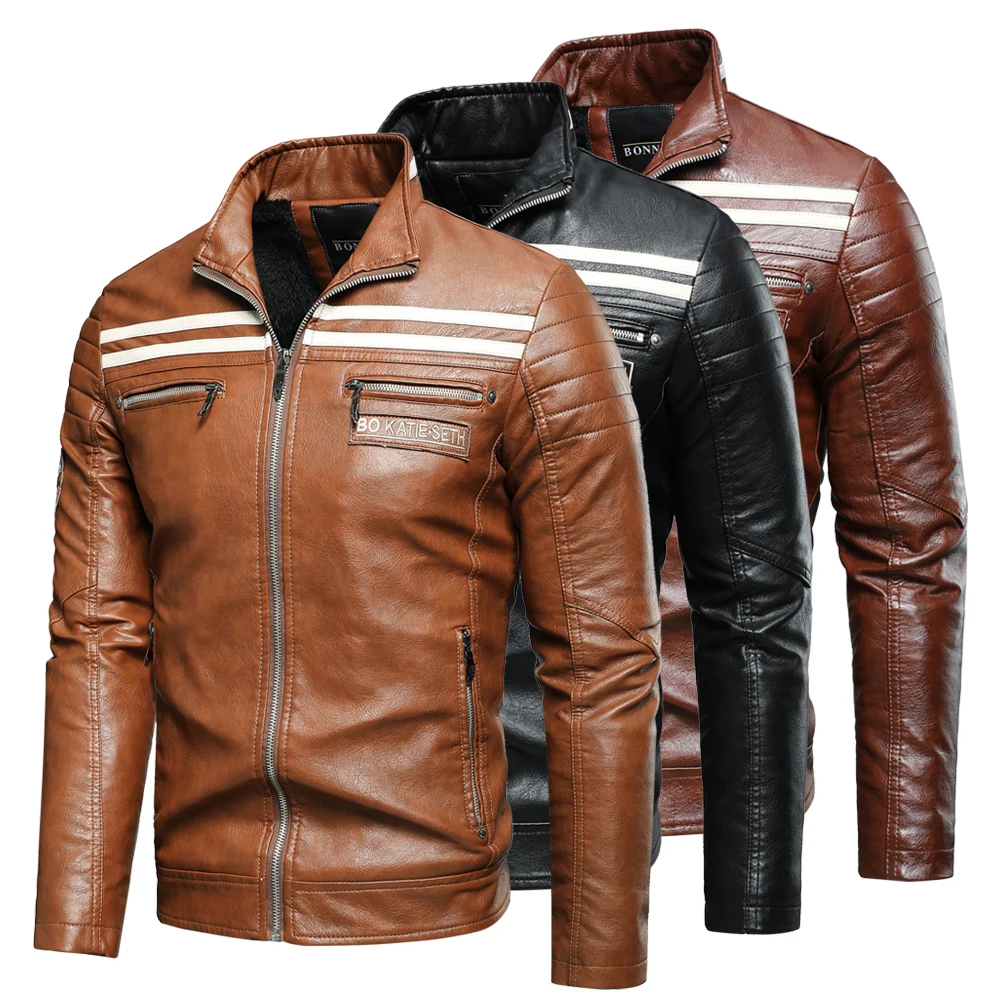 Men 2022 Autumn New Casual Motor Biker PU Leather Jacket Coat Men Winter Fashion Spliced Vintage Warm Fleece Leather Jacket Men