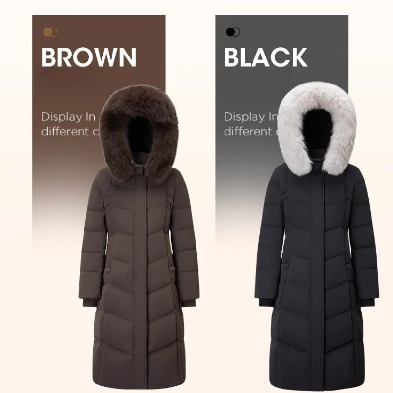 Chericom 롱 여성 겨울 다운 재킷 2025 겨울 솔리드 후드 따뜻한 다운 코트 우아한 통근 모피 트림 여성 코트 Y309215Y