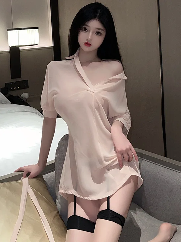 sexy chiffon shirt lapel perspective Buckle Buckle half sleeve comfort dresses Korean style women's summer new trendy clothes D0