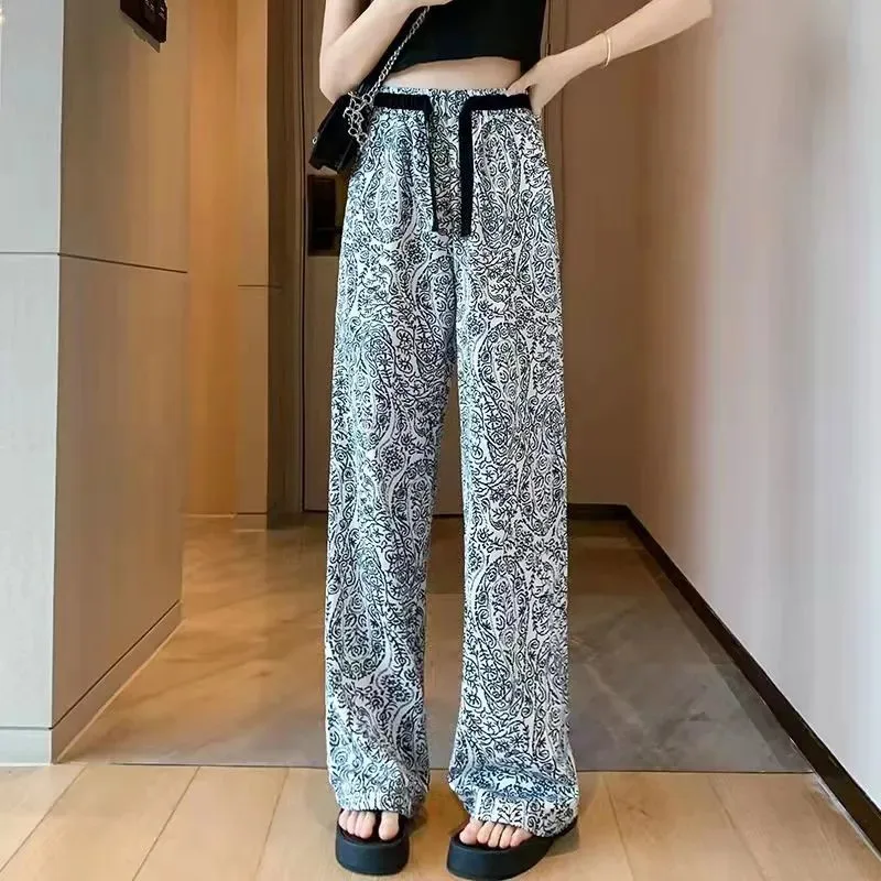 

2023 Breathable Chiffon Wide Leg Pants Printed Spring Summer Sweatpants Drape High Waist Loose Fashion Straight Casual Trousers